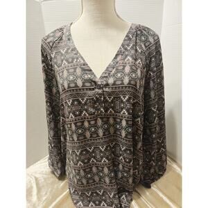 LUSH Career Women L Blouse Aztec Black Pink Work Button VNeck Academia Oxford
